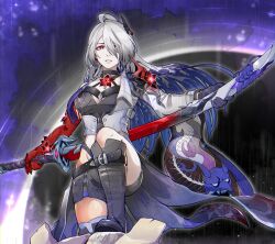 Rule 34 | 1girl, absurdres, acheron (honkai: star rail), ahoge, armor, asymmetrical legwear, bandaged leg, bandages, belt, black belt, black choker, black gloves, black hole, black shorts, blood, blood on clothes, boots, breasts, bright pupils, choker, cleavage, clenched teeth, coat, coattails, colored extremities, commentary, criss-cross halter, drawing sword, earrings, english commentary, eyes visible through hair, flower, gloves, hair ornament, hair over one eye, halterneck, highres, holding, holding sheath, holding sword, holding weapon, honkai: star rail, honkai (series), jewelry, knee boots, large breasts, looking at viewer, midriff, multicolored hair, official alternate color, peter eastwood, purple hair, red eyes, red flower, scabbard, sheath, shorts, shoulder armor, single glove, single knee boot, single thigh boot, single wide sleeve, solo, sword, teeth, thigh boots, thighs, unsheathing, weapon, white coat, white hair, white pupils