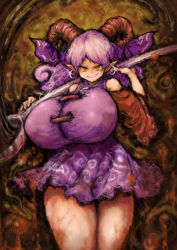 Rule 34 | 2b-ge, bare shoulders, breasts, earrings, highres, horns, huge breasts, jewelry, looking at viewer, pointy ears, ribbon, sharp teeth, sheep horns, silver hair, teeth, thick thighs, thighs, touhou, toutetsu yuuma, yellow eyes