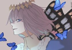 Rule 34 | 1boy, absurdres, arthropod boy, blue butterfly, blue eyes, bug, butterfly, butterfly wings, crown, diamond hairband, fate/grand order, fate (series), grey hair, highres, insect, insect wings, looking at viewer, male focus, medium hair, oberon (fate), oowoo0818, profile, signature, simple background, smile, solo, upper body, white background, wings