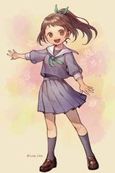 Rule 34 | 1girl, :d, brown eyes, brown footwear, brown hair, commentary request, floral background, full body, green neckerchief, green ribbon, grey socks, grey serafuku, grey shirt, grey skirt, hair ribbon, highres, kiitos, kneehighs, loafers, long sleeves, looking at viewer, neckerchief, open mouth, original, outstretched arm, pleated skirt, ponytail, puffy long sleeves, puffy sleeves, ribbon, sailor collar, school uniform, serafuku, shirt, shoes, sidelocks, skirt, smile, socks, solo, standing, twitter username, white sailor collar