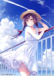 Rule 34 | 1girl, animal, arm up, bare arms, bare shoulders, bird, blue sky, braid, breasts, brown hat, cloud, cloudy sky, collarbone, contrail, cowboy shot, day, dress, flock, frilled dress, frills, fukahire (ruinon), hair ribbon, hat, highres, long hair, looking at viewer, ocean, original, outdoors, railing, red ribbon, ribbon, scan, sky, sleeveless, sleeveless dress, small breasts, solo, standing, sun hat, sundress, twin braids, twintails, wind