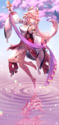 Rule 34 | 1girl, absurdres, animal, animal ears, arm up, bare legs, barefoot, blurry, blurry background, breasts, cherry blossoms, detached sleeves, earrings, falling petals, floating, fox, fox ears, full body, genshin impact, hair ornament, highres, hjz (artemi), holding, holding weapon, japanese clothes, jewelry, kitsune, long hair, looking down, miko, petals, pink hair, purple eyes, reflection, reflective water, smile, tree, vision (genshin impact), water, weapon, wide sleeves, yae miko