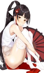 Rule 34 | 1girl, absurdres, azur lane, bad id, bad pixiv id, bare shoulders, black hair, bow, breasts, crossed legs, feet, hair bow, hair ornament, hair ribbon, highres, japanese clothes, long hair, looking at viewer, nue0, orange eyes, ribbon, shirt, sitting, sitting on lap, sitting on person, small breasts, solo, takao (azur lane), takao (the lessons of spring) (azur lane), thighhighs, tight clothes, white background, white shirt, white thighhighs