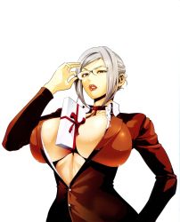 Rule 34 | 10s, 1girl, absurdres, adjusting eyewear, between breasts, breasts, brown eyes, cleavage, covered erect nipples, gift, glasses, hand on own hip, highres, hiramoto akira, large breasts, looking at viewer, official art, prison school, school uniform, shiraki meiko, silver hair, simple background, solo, upper body, white background