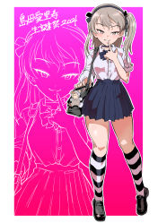 Rule 34 | 1girl, absurdres, alternate costume, bag, birthday, black footwear, black ribbon, black socks, blouse, blue bow, blue bowtie, blue skirt, boko (girls und panzer), border, bow, bowtie, brown eyes, carrying, casual, character name, closed mouth, commentary request, dress shirt, finger to mouth, girls und panzer, gradient background, hair ribbon, half-closed eyes, highres, kneehighs, light brown hair, lineart, loafers, long hair, looking at viewer, miniskirt, one side up, outside border, pink background, pleated skirt, purple background, ribbon, school bag, shimada arisu, shinkuukan (tetsuo3), shirt, shoes, short sleeves, skirt, sleeves rolled up, smile, socks, solo, standing, striped clothes, striped socks, stuffed animal, stuffed toy, teddy bear, translation request, white border, white shirt, wing collar