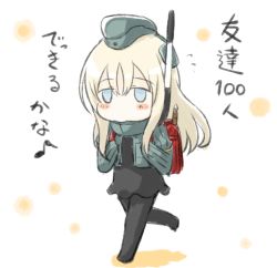 Rule 34 | 10s, 1girl, backpack, bad id, bad twitter id, bag, blonde hair, blue eyes, blush stickers, chibi, commentary request, engiyoshi, flute, garrison cap, hat, instrument, kantai collection, long hair, musical note, quaver, randoseru, recorder, solo, translation request, u-511 (kancolle), uniform, walking
