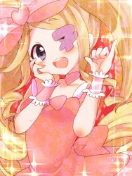 Rule 34 | 10s, 1girl, :d, blonde hair, blush, bow, dress, drill hair, eyepatch, hand on own cheek, hand on own face, harime nui, kill la kill, long hair, minchu, open mouth, pink bow, ribbon, smile, solo, sparkle, strapless, strapless dress