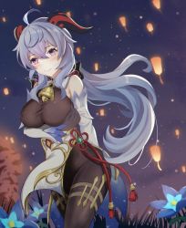 Rule 34 | ahoge, bare shoulders, bell, black gloves, black legwear, blue hair, breasts, chushou jiang, detached sleeves, flower, ganyu (genshin impact), genshin impact, glaze lily, gloves, gold trim, hand on own chest, highres, horns, lantern, large breasts, long hair, looking at viewer, neck bell, night, purple eyes, smile, solo, very long hair, vision (genshin impact), white sleeves