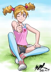 Rule 34 | 1girl, belt, blonde hair, blue socks, blush, commentary request, fresh precure!, grass, grey shorts, highres, kagawa hisashi, kneehighs, long hair, momozono love, one eye closed, pink eyes, precure, shoes, shorts, sitting, smile, sneakers, socks, solo, tank top, thumbs up, twintails