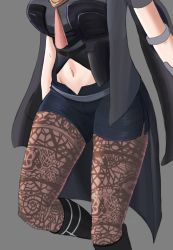 Rule 34 | 1girl, belt, black cape, black footwear, black shorts, breasts, brown pantyhose, byleth (female) (fire emblem), byleth (fire emblem), cape, clothing cutout, commentary, desspie, english commentary, fire emblem, fire emblem: three houses, grey background, grey belt, head out of frame, highres, lace, lace-trimmed legwear, lace trim, large breasts, navel, navel cutout, nintendo, pantyhose, pantyhose under shorts, print pantyhose, short shorts, short sleeves, shorts, solo