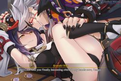 Rule 34 | 1boy, 1girl, arataki itto, bare legs, bdsm, black panties, bondage, bound, collarbone, commentary, english commentary, english text, engrish text, genshin impact, hetero, horns, kujou sara, panties, ranguage, restrained, sollyz, underwear