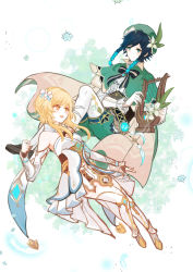 Rule 34 | 1boy, 1girl, absurdres, argyle, argyle clothes, argyle legwear, bare shoulders, black hair, blonde hair, blue hair, bow, braid, breasts, cape, closed mouth, detached sleeves, dress, feathers, flower, frilled sleeves, frills, gem, genshin impact, gloves, gradient hair, green eyes, green headwear, hair between eyes, hair flower, hair ornament, hat, highres, holding, holding instrument, instrument, jewelry, leaf, long sleeves, lumine (genshin impact), lyre, multicolored hair, open mouth, pantyhose, ribbon, shoes, short hair with long locks, shorts, simple background, smile, syouyubin, thighhighs, twin braids, venti (genshin impact), vision (genshin impact), white background, white dress, white flower, white pantyhose, white thighhighs, yellow eyes