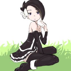 Rule 34 | 1girl, bare shoulders, between legs, black dress, black footwear, black hair, black thighhighs, blue eyes, boots, bow, breasts, creatures (company), detached sleeves, dress, female focus, from side, full body, game freak, gothic lolita, grass, hair bow, hair ornament, hand between legs, hand up, lolita fashion, lowres, marley (pokemon), nintendo, outdoors, pokemon, pokemon dppt, short hair, simple background, sitting, small breasts, solo, strapless, strapless dress, thighhighs, wariza, white background, white bow, zaitsu
