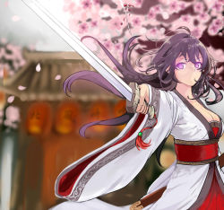 Rule 34 | 1girl, ahoge, bad id, bad pixiv id, beifeng han, black hair, breasts, cherry blossoms, chinese clothes, cleavage, glowing, hair ornament, hairpin, highres, holding, holding sword, holding weapon, long hair, miyaura sanshio, original, purple eyes, scabbard, sheath, solo, sword, weapon