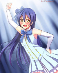 Rule 34 | 10s, 1girl, arm up, bare shoulders, blue dress, blue hair, blush, bow, clenched hand, clenched hands, dated, detached sleeves, dress, hair bow, hand on own hip, highres, long hair, love live!, love live! school idol festival, love live! school idol project, open mouth, raised fist, solo, sonoda umi, start:dash!!, yellow eyes, yu-ta