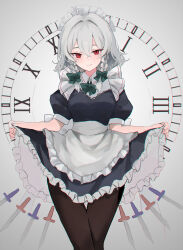 Rule 34 | absurdres, ahoge, apron, black dress, black pantyhose, blush, bow, bowtie, braided sidelock, clock print, dress, feet out of frame, floating, floating object, floating sword, floating weapon, frilled apron, frills, green bow, green bowtie, grey hair, hair between eyes, hair bow, highres, izayoi sakuya, kani nyan, looking at viewer, maid, maid headdress, pantyhose, petticoat, puffy short sleeves, puffy sleeves, red eyes, shirt, short sleeves, skirt hold, smile, sword, touhou, waist apron, weapon, white shirt