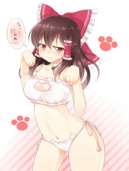 Rule 34 | 1girl, 3:, bell, neck bell, blush, bow, breasts, brown hair, cat cutout, cat ear panties, cat lingerie, cleavage, cleavage cutout, clothing cutout, collar, frown, hair bow, hair ribbon, hair tubes, hakurei reimu, haruki (colorful macaron), highres, hip focus, jingle bell, large bow, large breasts, long hair, looking at viewer, meme attire, navel, panties, paw pose, red eyes, ribbon, shy, side-tie panties, solo, spoken blush, thighs, touhou, underwear, underwear only