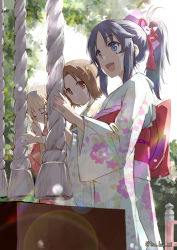 Rule 34 | 3girls, alternate hairstyle, blue eyes, blue hair, bow, brown eyes, brown hair, closed eyes, closed mouth, commentary, day, floral print, freckles, furisode, girls und panzer, hair bow, hair ornament, hair up, hatsumoude, japanese clothes, kimono, lens flare, long hair, long sleeves, looking at another, looking to the side, multiple girls, new year, nishizumi miho, obi, open mouth, outdoors, own hands together, parted bangs, pink kimono, ponytail, praying, print kimono, purple bow, rabbit hair ornament, rope, sash, sawa azusa, shimenawa, short hair, smile, standing, temple, twitter username, white kimono, wide sleeves, yamagou ayumi, yurikuta tsukumi