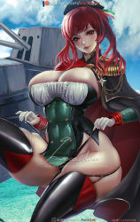 Rule 34 | 1girl, azur lane, black legwear, blue sky, breasts, cape, cleavage, cloud, commentary, curvy, day, dress, english commentary, epaulettes, garter straps, gloves, large breasts, lexaiduer, looking at viewer, machinery, military, military uniform, no bra, panties, panty pull, pelvic curtain, red eyes, red hair, red lips, rigging, signature, skin tight, sky, smile, strap pull, strapless, strapless dress, thick thighs, thighs, turret, underwear, uniform, water, white gloves, wide hips, zara (azur lane)