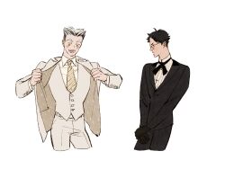 Rule 34 | 2boys, akaashi keiji, black gloves, black hair, black jacket, black pants, black suit, bokuto koutarou, chengongzi123, closed mouth, collared jacket, collared shirt, commentary, cropped legs, formal, glasses, gloves, grey hair, haikyuu!!, hands up, highres, jacket, looking at another, looking at viewer, male focus, multicolored hair, multiple boys, necktie, open clothes, open jacket, open mouth, own hands together, pants, shirt, short hair, simple background, smile, streaked hair, striped clothes, striped necktie, striped shirt, suit, symbol-only commentary, thick eyebrows, very short hair, vest, white background, yellow eyes, yellow necktie