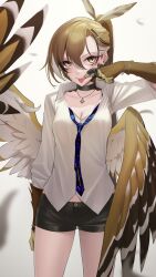 Rule 34 | 1girl, :p, absurdres, animal hands, bird wings, black shorts, blue necktie, breasts, brown eyes, brown hair, cleavage, feather hair ornament, feathered wings, feathers, hair ornament, highres, holocouncil, hololive, hololive english, long hair, long sleeves, looking at viewer, medium breasts, multicolored hair, nanashi mumei, necktie, ponytail, school uniform, shirt, short shorts, shorts, simple background, solo, somebody (leiking00), streaked hair, thighs, tongue, tongue out, virtual youtuber, white background, white shirt, wings