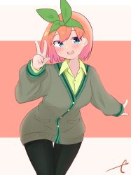 Rule 34 | 1girl, :d, black pantyhose, blue eyes, blush, breasts, brown background, collared shirt, commentary, dress shirt, eyebrows hidden by hair, go-toubun no hanayome, green hairband, green jacket, green ribbon, green shirt, hair between eyes, hair ribbon, hairband, hand up, highres, jacket, kujou karasuma, long sleeves, looking at viewer, medium breasts, nakano yotsuba, open mouth, orange hair, pantyhose, pink background, puffy long sleeves, puffy sleeves, ribbon, shirt, signature, smile, solo, symbol-only commentary, teeth, thigh gap, two-tone background, upper teeth only