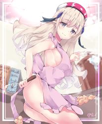 Rule 34 | 1girl, absurdres, apron, arcaea, ass, bad id, bad pixiv id, bare arms, beret, blush, breasts, brown hair, closed mouth, cowboy shot, grey eyes, hair ornament, hat, highres, hikari (arcaea), holding, long hair, looking at viewer, medium breasts, mushpz, panties, purple apron, purple panties, signature, smile, solo, standing, thighs, topless, underwear, v, whisk