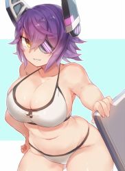 Rule 34 | 10s, 1girl, armpits, bad id, bad twitter id, bikini, breasts, cleavage, collarbone, curvy, expressive clothes, eyepatch, gluteal fold, grin, hand on own hip, headgear, kantai collection, large breasts, leaning forward, looking at viewer, navel, necktie, pokoten (pokoten718), purple hair, short hair, sideboob, smile, solo, stomach, swimsuit, tenryuu (kancolle), thick thighs, thighs, white bikini, wide hips, yellow eyes