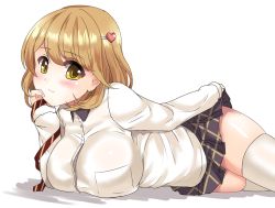 Rule 34 | 10s, 1girl, blonde hair, breasts, brown eyes, female focus, hair ornament, hairclip, huge breasts, looking at viewer, lying, miniskirt, miyuki rei, narusawa ryouka, occultic;nine, on stomach, school uniform, shirt, short hair, simple background, skirt, solo, thighhighs, thighs, uniform, white background, white thighhighs, yellow eyes