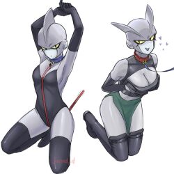 Rule 34 | 2girls, armpits, arms up, backless leotard, black gloves, blue collar, boots, breast lift, breasts, cleavage cutout, clothing cutout, collar, colored sclera, colored skin, commentary, crop top, dragon ball, dragon ball super, dragon ball super super hero, elbow gloves, english commentary, gamma 1, gamma 2, genderswap, genderswap (mtf), genniax, gloves, green skin, heart, highres, kneeling, leash, leotard, medium breasts, midriff, multiple girls, open mouth, red collar, sideboob, sidelocks, signature, small breasts, smile, thigh boots, yellow sclera
