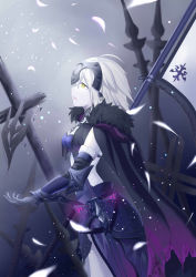 Rule 34 | 1girl, absurdres, armor, armored dress, banner, black cape, breasts, cape, cleavage, crazy rin, detached sleeves, fate/grand order, fate (series), from side, gloves, grey gloves, hair between eyes, hair ornament, highres, jeanne d&#039;arc (fate), jeanne d&#039;arc alter (avenger) (fate), jeanne d&#039;arc alter (avenger) (first ascension) (fate), jeanne d&#039;arc alter (fate), parted lips, petals, sheath, sheathed, short hair, silver hair, small breasts, solo, standing, sword, weapon, yellow eyes