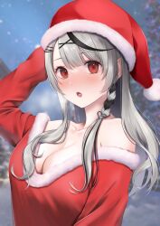 Rule 34 | 1girl, absurdres, ao miya, black hair, blurry, blurry background, blush, braid, breasts, breath, christmas, dress, french braid, fur-trimmed dress, fur-trimmed headwear, fur trim, grey hair, hair ornament, hand on headwear, hat, highres, hololive, large breasts, long hair, long sleeves, looking at viewer, multicolored hair, night, no bra, nose blush, off-shoulder dress, off shoulder, open mouth, outdoors, red eyes, red hat, sakamata chloe, santa costume, santa hat, snow, solo, streaked hair, virtual youtuber, winter, x hair ornament