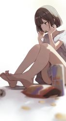 Rule 34 | 1girl, barefoot, blurry, blurry foreground, blush, bob cut, brown eyes, brown hair, can, chips (food), convenient censoring, eating, food, highres, hiroki (yyqw7151), holding, holding food, legs, long toenails, looking to the side, original, shirt, short hair, short sleeves, simple background, sitting, soles, solo, t-shirt, toenails, white background, white shirt