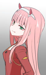 Rule 34 | 1girl, :p, commentary request, darling in the franxx, eyeshadow, from side, gradient background, green eyes, grey background, hairband, horns, jacket, long hair, long sleeves, looking at viewer, makeup, military, military uniform, pink hair, red jacket, smile, solo, sumiyao (amam), tongue, tongue out, uniform, upper body, zero two (darling in the franxx)