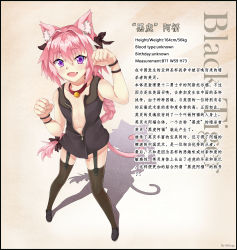 Rule 34 | 1boy, :d, absurdres, animal ears, artist name, astolfo (fate), bell, bilingual, black bow, black footwear, black thighhighs, blush, bow, bracelet, braid, cat boy, cat ears, cat tail, character profile, chinese text, collar, collarbone, commentary request, english text, fang, fate/apocrypha, fate (series), from above, garter straps, hair between eyes, hair bow, hair intakes, hands up, highres, jewelry, jingle bell, kemonomimi mode, legs apart, lips, long hair, looking at viewer, looking up, male focus, miloge, mixed-language text, multicolored hair, navel, neck bell, open mouth, paw pose, pink hair, purple eyes, raised eyebrows, red collar, shadow, shoes, single braid, sleeveless, smile, solo, standing, streaked hair, tail, thick eyebrows, thighhighs, translation request, trap, two-tone hair, unzipped, very long hair, white hair