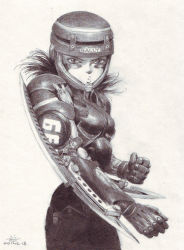 Rule 34 | 1990s (style), 1girl, armor, cyberpunk, cyborg, facial mark, flowerzz, alita, battle angel alita, helmet, lips, looking at viewer, monochrome, pursed lips, realistic, science fiction, serious, solo, traditional media, weapon