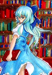 Rule 34 | 1girl, alternate hairstyle, bad id, bad pixiv id, bespectacled, blue eyes, blue hair, book, bow, cirno, glasses, long hair, marker (medium), matanonki, matching hair/eyes, millipen (medium), solo, embodiment of scarlet devil, touhou, traditional media