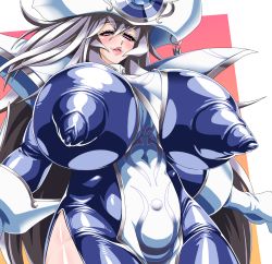 Rule 34 | 1girl, bba-aki, blush, breasts, curvy, gigantic breasts, gloves, hair between eyes, hat, highres, huge nipples, lips, long hair, pink eyes, shiny clothes, shiny skin, silent magician, silver hair, skin tight, smile, solo, thick thighs, thighs, very long hair, wizard hat, yu-gi-oh!
