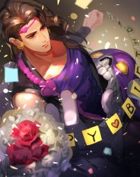 Rule 34 | 1boy, black jacket, bouquet, brown hair, closed mouth, confetti, cream (stand), flower, happy birthday, holding, holding bouquet, jacket, jojo no kimyou na bouken, leotard, long hair, male focus, muscular, muscular male, purple leotard, red eyes, red flower, red rose, rose, sleeveless, solo, stand (jojo), stardust crusaders, white flower, white rose, zouhyou (at4190)