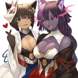 Rule 34 | 2girls, :d, ;d, absurdres, akagi (azur lane), akagi (azur lane) (cosplay), animal ear fluff, animal ears, azur lane, bare shoulders, black gloves, black hair, black sclera, blunt bangs, braid, breasts, cat ears, character request, check character, cheshire cat (monster girl encyclopedia), cleavage, cleavage cutout, clothing cutout, collarbone, colored sclera, commentary, commission, cosplay, crossover, english commentary, facial mark, fang, flaming eyes, fox mask, fusion, gloves, green eyes, hair between eyes, hair ribbon, hand up, heart, hellhound (monster girl encyclopedia), highres, japanese clothes, kaga (azur lane), kaga (azur lane) (cosplay), large breasts, long hair, looking at viewer, mask, mask on head, monster girl, monster girl encyclopedia, monster girl encyclopedia ii, multicolored hair, multiple girls, one eye closed, open mouth, pink eyes, purple hair, ribbon, short hair, simple background, slit pupils, smile, sookmo, two-tone hair, white background, wide sleeves