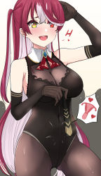 Rule 34 | 1girl, bare shoulders, black gloves, black pantyhose, breasts, cleavage, elbow gloves, gloves, h2o (ddks2923), heart, heart-shaped pupils, heterochromia, highres, hololive, houshou marine, houshou marine (marching band), leotard, long hair, multicolored hair, pantyhose, purple hair, red eyes, see-through, see-through cleavage, simple background, solo, symbol-shaped pupils, two-tone hair, very long hair, virtual youtuber, white background, yellow eyes