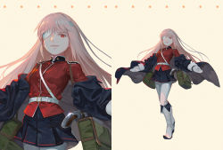 Rule 34 | 1girl, alternate hairstyle, belt, breasts, clothes around waist, fate/grand order, fate (series), florence nightingale (fate), florence nightingale (third ascension) (fate), full body, gloves, jacket, jacket around waist, long hair, looking at viewer, military, neilos, one eye covered, parted lips, pink hair, red eyes, shoes, skirt, solo, thighhighs, white gloves