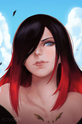 Rule 34 | 1girl, artist name, bare shoulders, black hair, blue eyes, blue sky, close-up, closed mouth, cloud, crow (gravity daze), day, gravity daze, hair over one eye, highres, koyorin, lips, long hair, looking at viewer, multicolored hair, outdoors, sky, solo, two-tone hair, wind