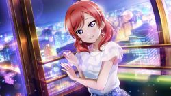 Rule 34 | 1girl, artist name, artist request, blush, bracelet, braid, breasts, city, city lights, collarbone, crown braid, dress, earrings, female focus, flower earrings, flower print, frilled dress, frills, hair between eyes, indoors, jewelry, looking at viewer, love live!, love live! school idol festival, love live! school idol festival all stars, love live! school idol project, necklace, night, night sky, nishikino maki, parted lips, pearl bracelet, pearl necklace, purple eyes, purple skirt, red hair, short hair, skirt, sky, small breasts, smile, solo, sparkle, star (sky), teeth, white dress