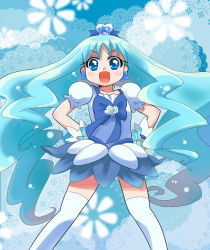Rule 34 | 10s, 1girl, :d, blue background, blue eyes, blue hair, blue skirt, blue theme, bow, brooch, cure marine, dress, earrings, hair ornament, hairpin, hands on own hips, happy, heart, heart brooch, heartcatch precure!, jewelry, kurumi erika, long hair, magical girl, matching hair/eyes, mzk, no choker, open mouth, precure, ribbon, skirt, smile, solo, thighhighs, twintails, white thighhighs, wrist cuffs