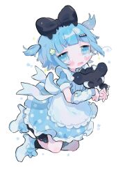 Rule 34 | 1girl, absurdres, apron, arm warmers, black bow, black socks, blue dress, blue eyes, blue footwear, blue hair, blue ribbon, boots, bow, commentary request, cotono (nazekun), crying, crying with eyes open, dress, hair bow, hair ornament, high heel boots, high heels, highres, original, ribbon, short sleeves, short twintails, simple background, socks, solo, star (symbol), star hair ornament, tears, twintails, white apron, white background