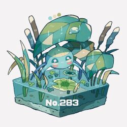 Rule 34 | algae, blue eyes, cattail, color guide, commentary request, creatures (company), faux figurine, game freak, gen 3 pokemon, leaf, lily pad, looking at viewer, nintendo, no humans, plant, pokedex number, pokemon, pokemon (creature), shino (shinoru p), simple background, solo, standing, standing on liquid, surskit, water, water drop, white background