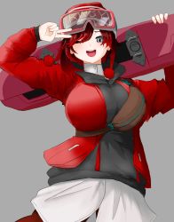 Rule 34 | 1girl, absurdres, alternate breast size, bag, blush, breasts, coat, copyright name, goggles, goggles on head, grey background, grey eyes, hat, highres, large breasts, long sleeves, odakubara, one eye closed, open mouth, red hair, ruby rose, rwby, rwby ice queendom, short hair, smile, snowboard, solo, v, wink, winter clothes