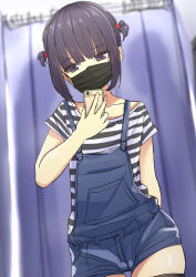 Rule 34 | 1girl, bbb577, black hair, black thighhighs, blue overalls, cellphone, chinese commentary, commentary request, contrapposto, cowboy shot, curtains, holding, holding phone, mask, mouth mask, original, overalls, phone, purple eyes, selfie, shirt, short twintails, sidelocks, smartphone, solo, striped clothes, striped shirt, surgical mask, thigh gap, thighhighs, twintails
