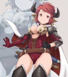 Rule 34 | 10s, 1girl, animal ears, black gloves, breasts, capelet, cleavage, cow ears, draph, gloves, granblue fantasy, hand on own hip, horns, kosyooka, looking at viewer, pink hair, red eyes, red hair, short hair, solo, sturm (granblue fantasy), sword, weapon, zoom layer